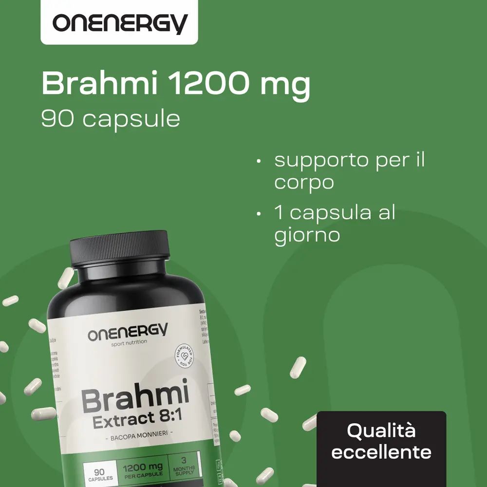 Immagine del prodotto con flacone e testo. Flacone: OnEnergy Brahmi Extract 8:1. Testo: 1200 mg, 90 capsule, supporto per il corpo, 1 capsula al giorno.