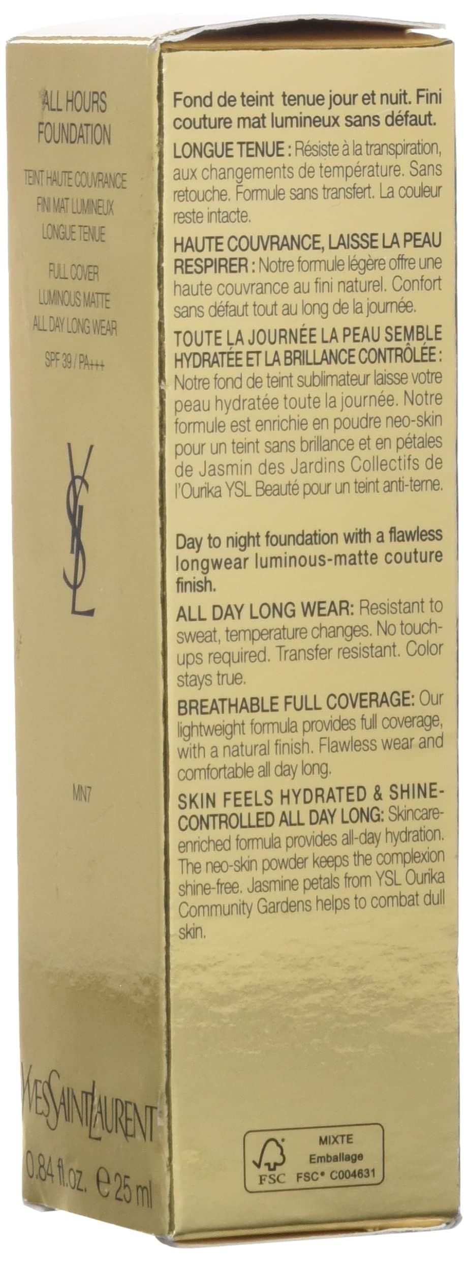 Yves Saint Laurent All Hours Foundation. Scatola con testo. Scritta: ALL HOURS FOUNDATION, MAT LUMINEUX, LUMINOUS MATTE. MN7.