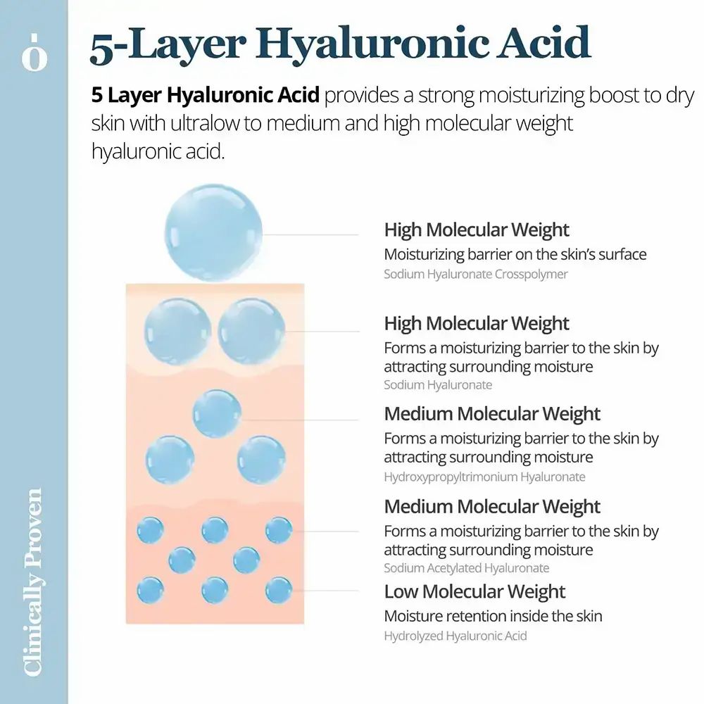 Grafico con testo e illustrazioni. Testo: 5-Layer Hyaluronic Acid. Illustrazioni che mostrano gli strati della pelle e le molecole di acido ialuronico.