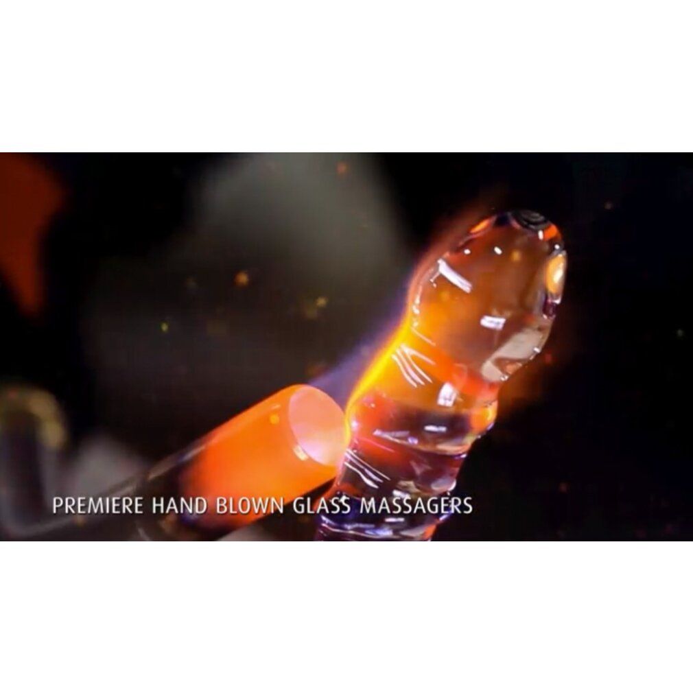 Massaggiatore in vetro riscaldato. Scritta: PREMIERE HAND BLOWN GLASS MASSAGERS.