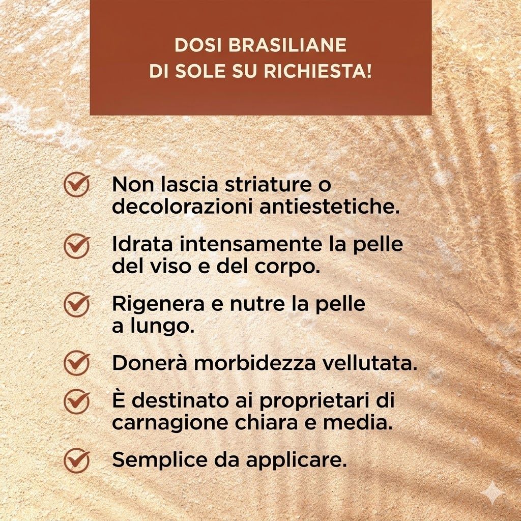 Testo con i vantaggi dello spray autoabbronzante: senza striature, idratazione, rigenerazione, morbidezza, per pelli chiare.