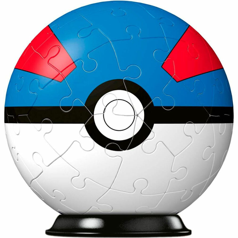 Puzzle 3D a forma di sfera, blu, rosso, nero e bianco. Pezzi del puzzle visibili. Base nera.