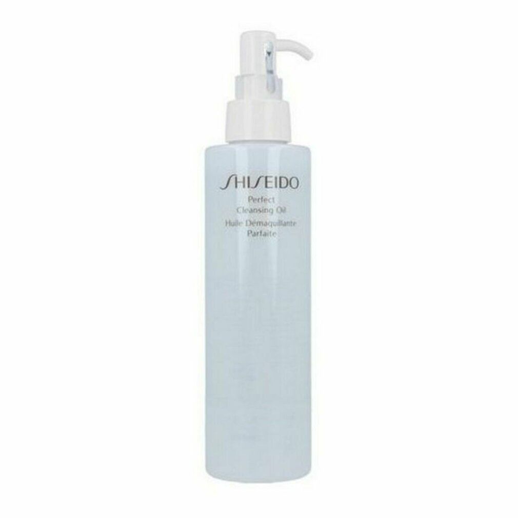 Flacone blu-bianco Shiseido Perfect Cleansing Oil con dosatore a pompa. Etichetta con testo.