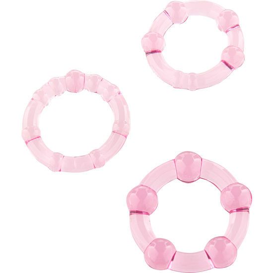 Tre anelli per pene trasparenti in materiale flessibile con diverse texture e sfere.