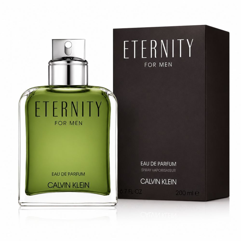 Flacone di Calvin Klein Eternity for Men Eau de Parfum e scatola scura.