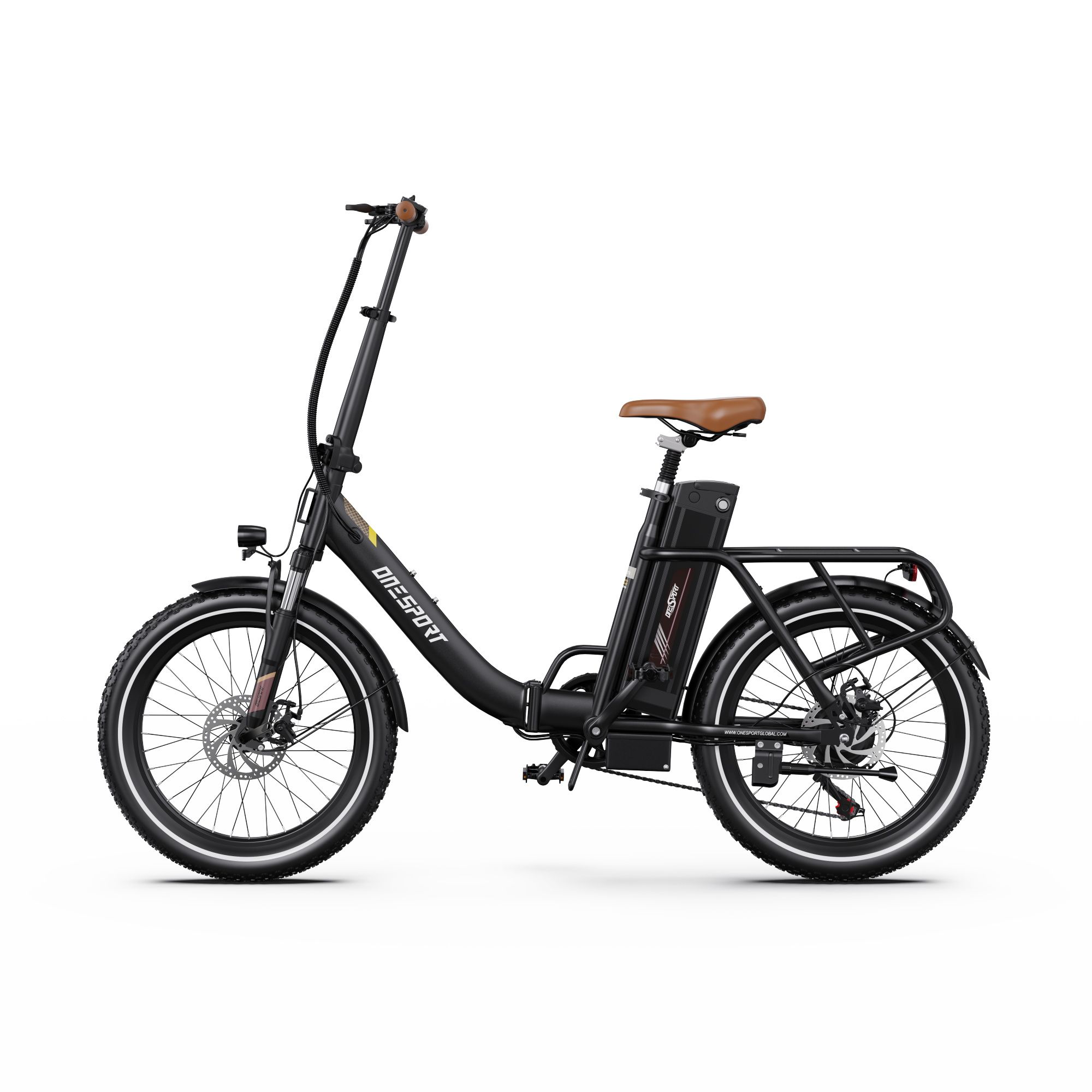 Bicicletta elettrica nera con sella marrone. Marchio ONESPORT visibile. Vista laterale.