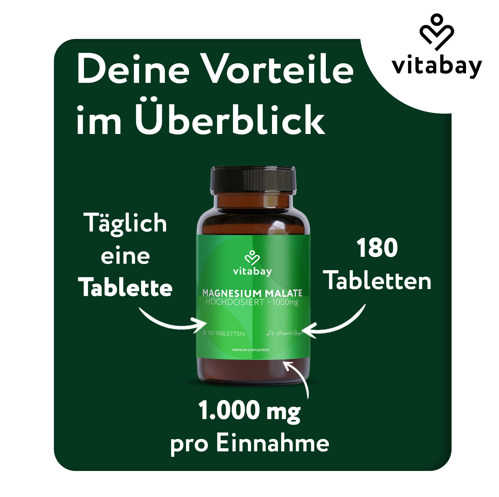Una bottiglia di Vitabay Magnesium Malate 1000mg. Testo: Una compressa al giorno, 180 compresse, 1.000 mg per dose. Sfondo verde.
