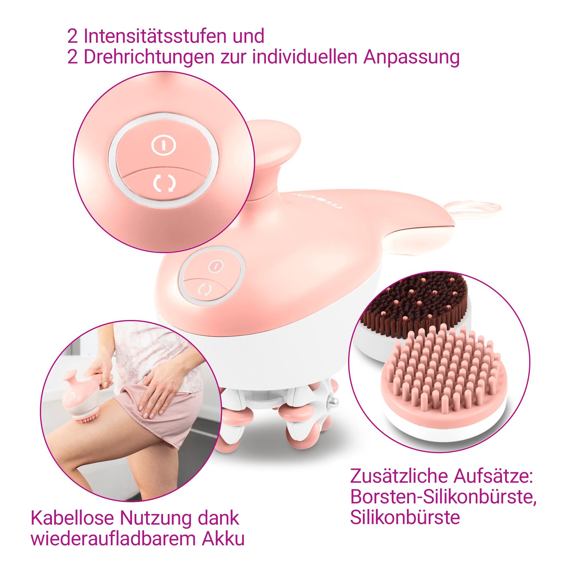 Massaggiatore rosa con due accessori: setole e spazzole in silicone.