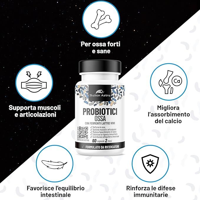 Flacone con illustrazioni: ossa, muscoli, assorbimento calcio, equilibrio intestinale, sistema immunitario. Marca: Italian Astra.