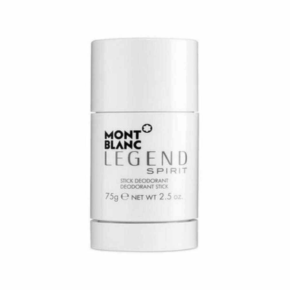 Stick deodorante bianco. Scritta: MONTBLANC LEGEND SPIRIT, STICK DEODORANT, 75g NET WT 2.5 oz.