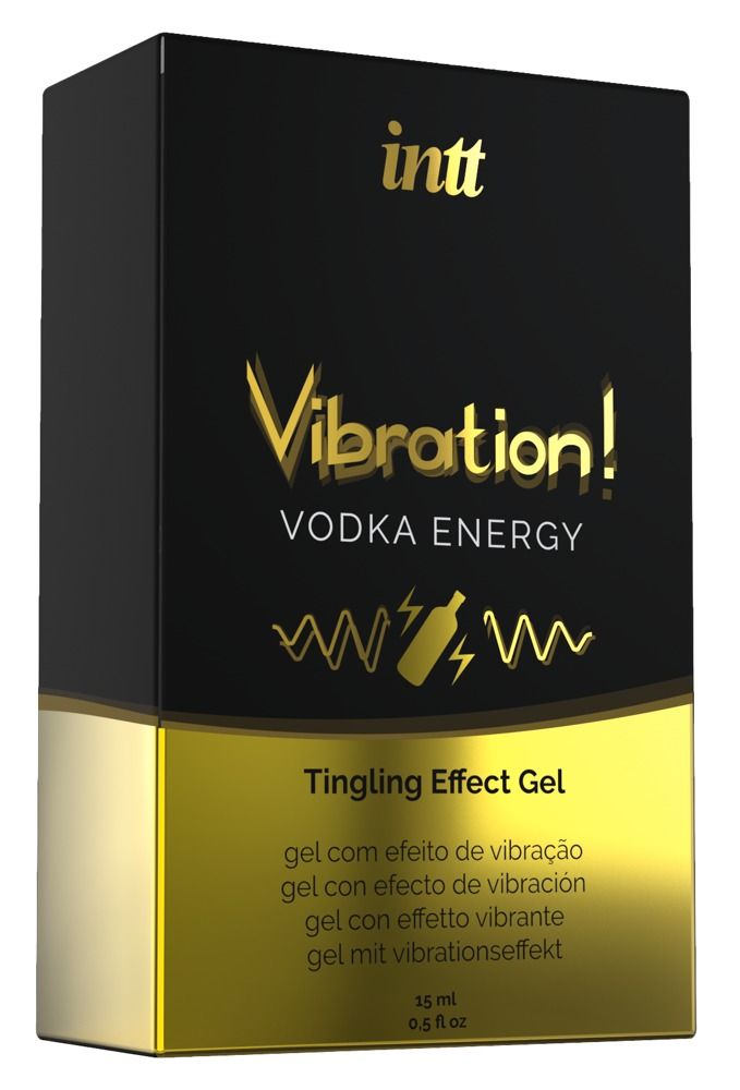Confezione nera e oro. Scritta: INTT, Vibration! Vodka Energy, Tingling Effect Gel. 15 ml.