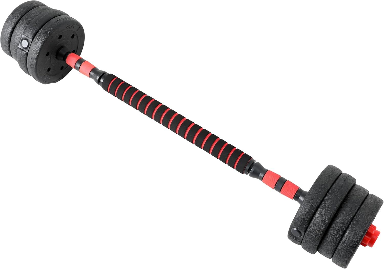 Un bilanciere nero e rosso con pesi a entrambe le estremità. L'impugnatura è imbottita.