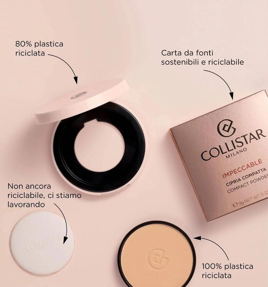Confezione di cipria compatta aperta, cipria, piumino e confezione. Testo: 80% plastica riciclata, 100% plastica riciclata, carta sostenibile.