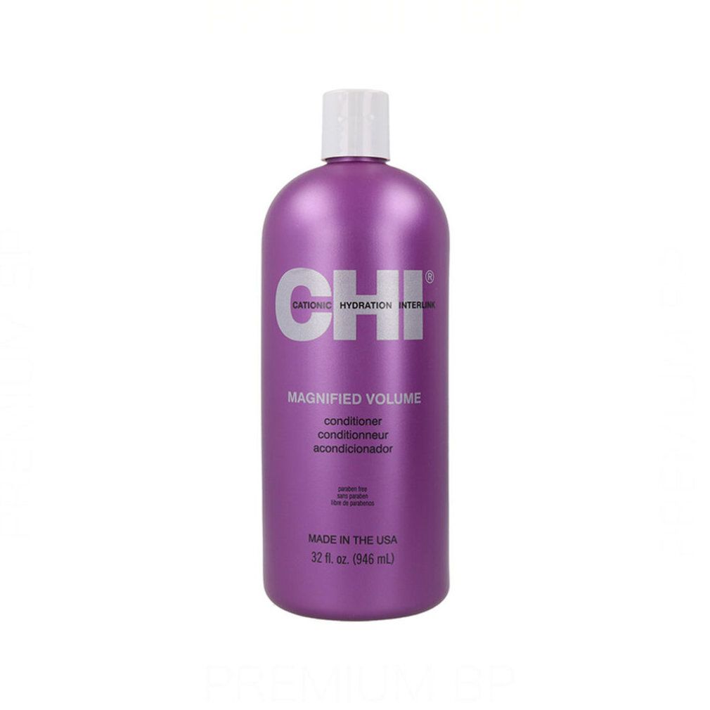Flacone viola con tappo bianco. Scritta CHI, Magnified Volume Conditioner. 946 ml.