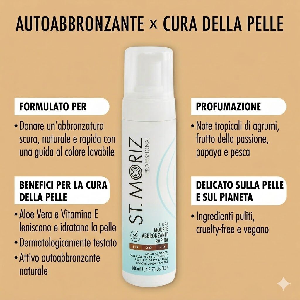 Mousse autoabbronzante. Contiene aloe vera e vitamina E. Dermatologicamente testato. Vegano. Profumi tropicali.