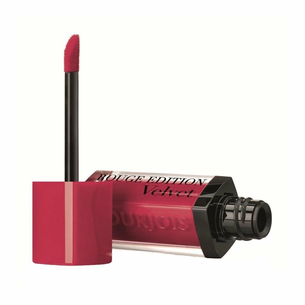 Rossetto con tappo e applicatore aperti. Flacone accanto. Scritta: Rouge Edition Velvet.