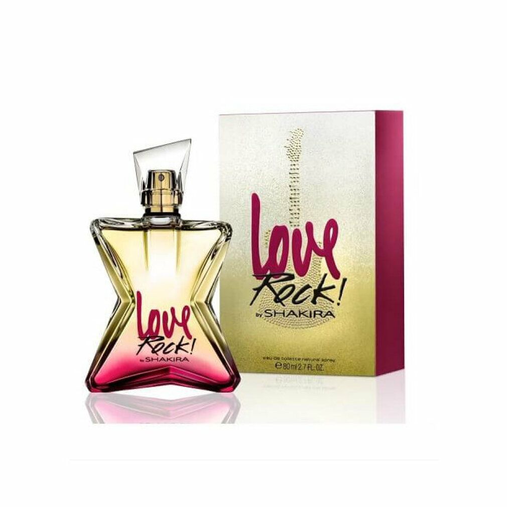 Spray Eau de Toilette e confezione. Flacone a forma di chitarra, rosa-giallo. Scritta: Love Rock! by Shakira.