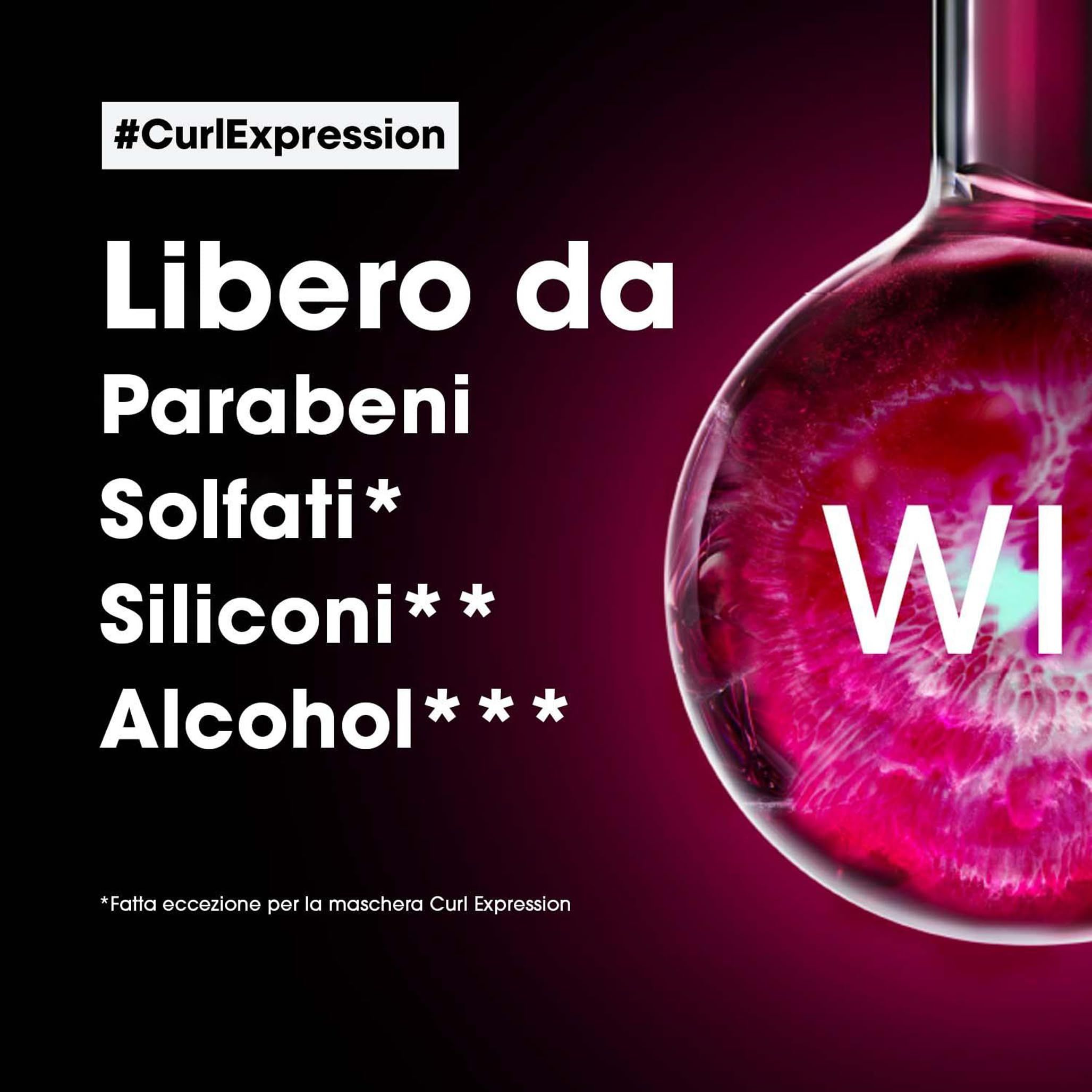 Illustrazione di liquido in un pallone. Testo: Senza parabeni, solfati, siliconi, alcool. #CurlExpression.