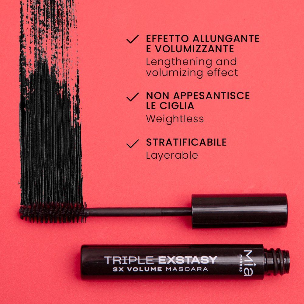 Spazzola e flacone di mascara neri. Scritta: Mia Make-up Triple Extasy 3x Volume Mascara. Texture nera.