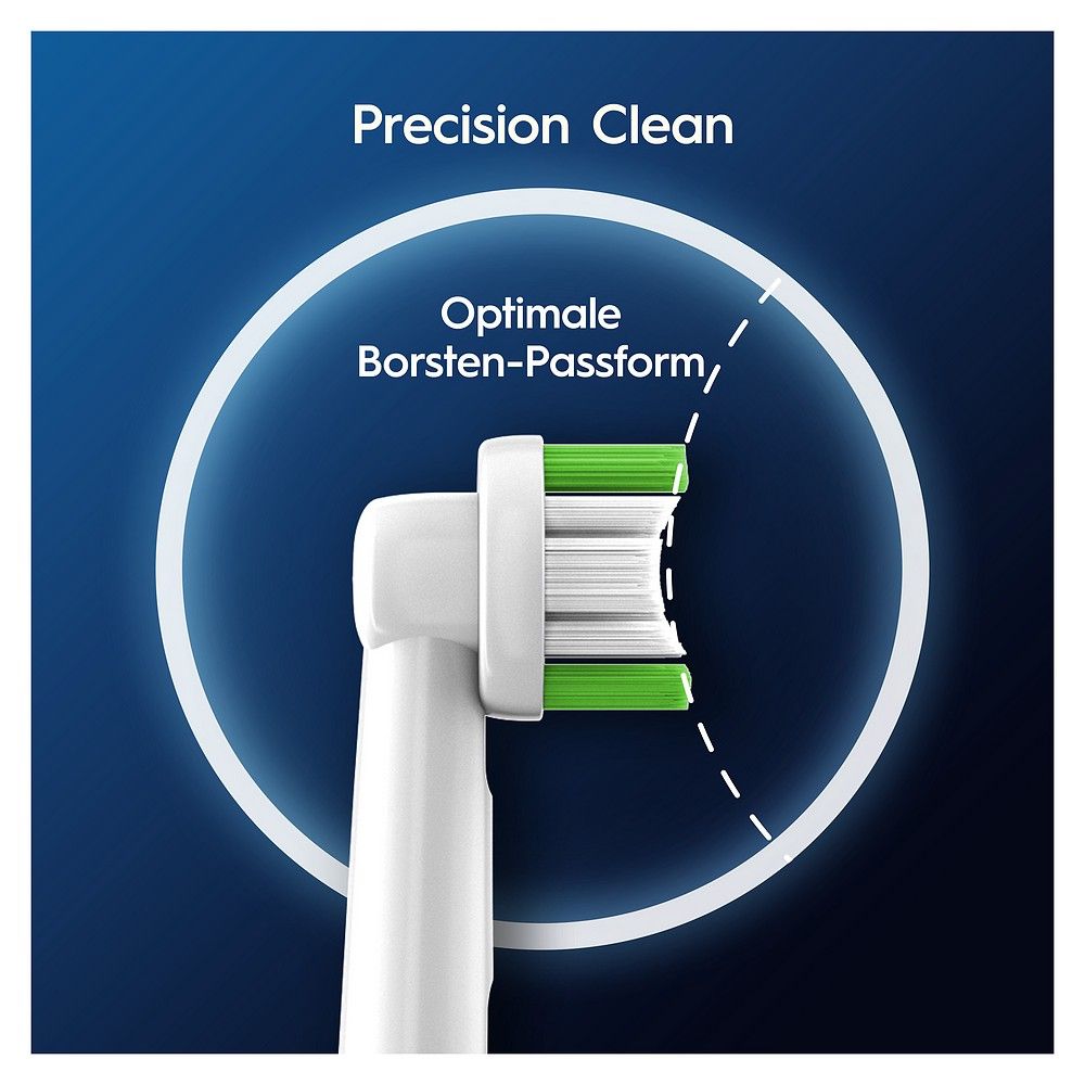 Testina con setole verdi e bianche di forma ottimale. "Precision Clean".