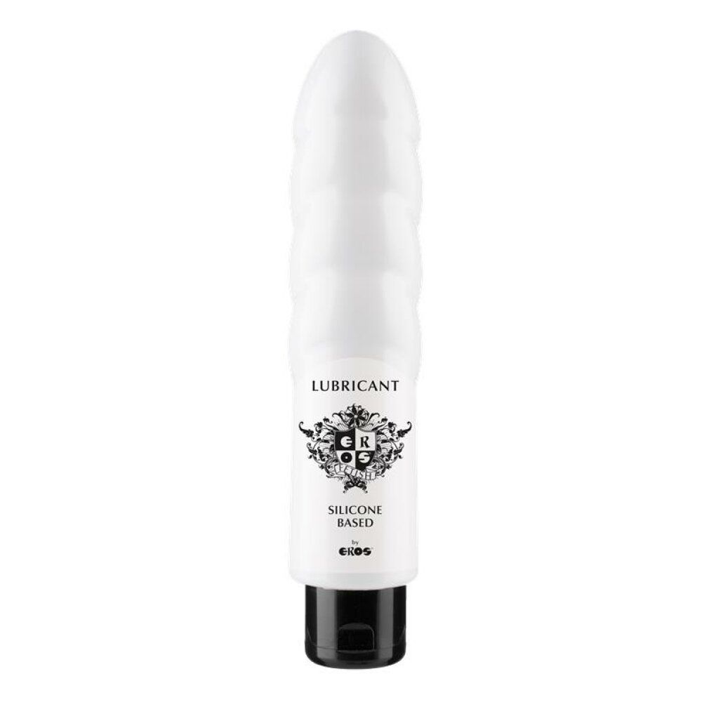 Lubrificante bianco in flacone a forma di Toy Bottle. Scritta: LUBRICANT, SILICONE BASED. Tappo nero.