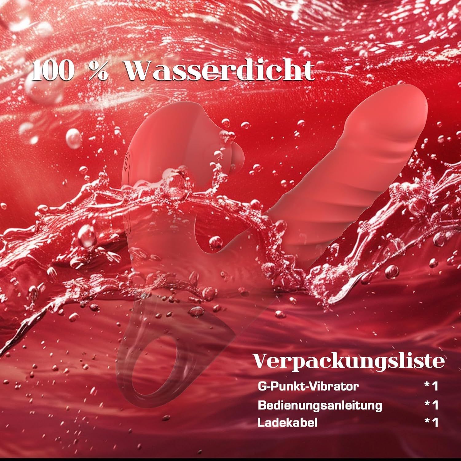 Vibratore dildo rosso in acqua. Testo: 100% impermeabile. Lista di imballaggio: vibratore punto G, manuale di istruzioni, cavo di ricarica.