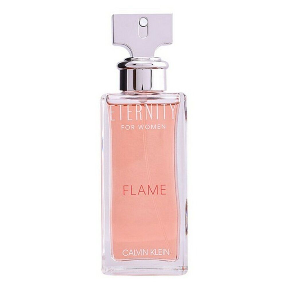Flacone rettangolare con vaporizzatore argentato. Scritte: Eternity for Women, Flame, Calvin Klein. Liquido rosa.
