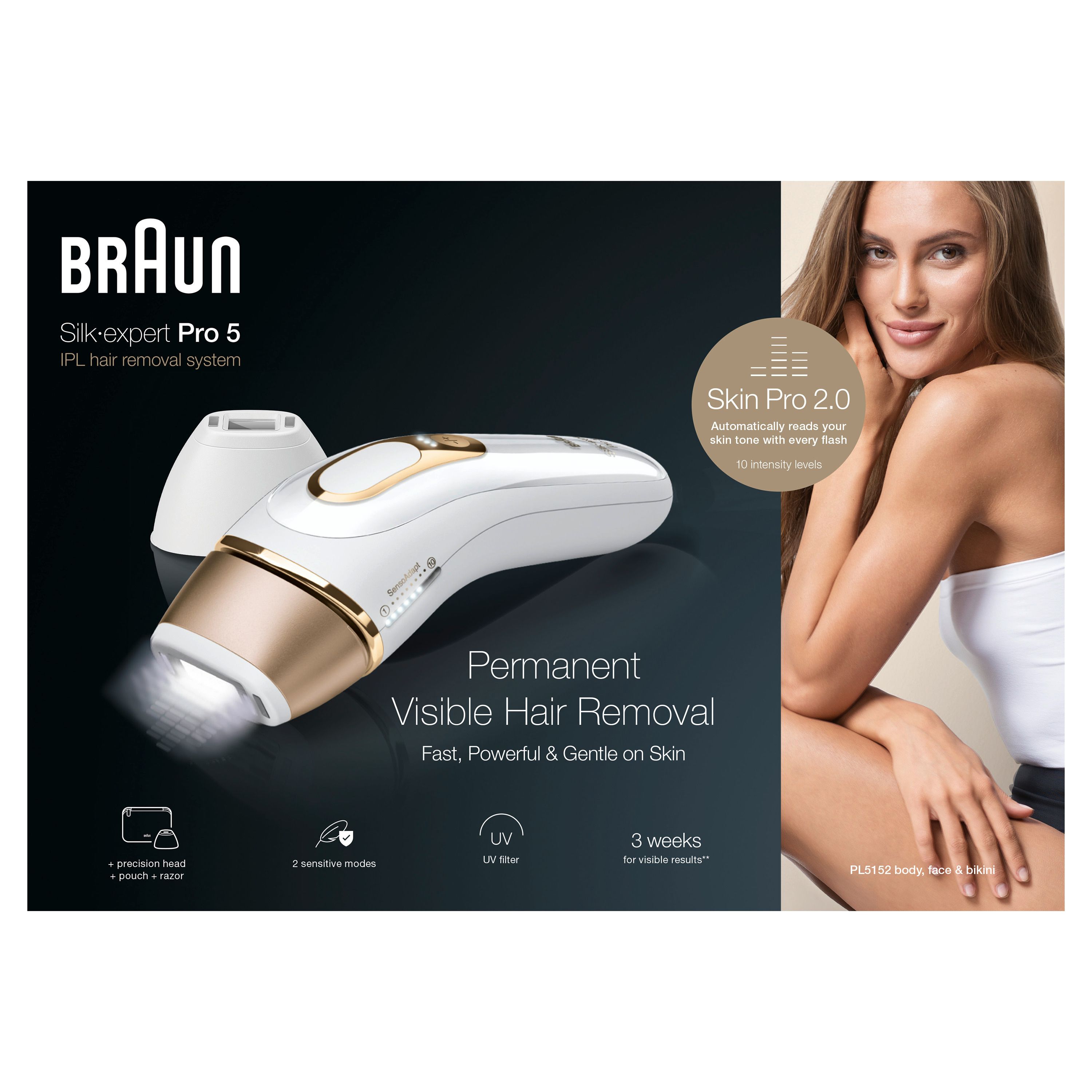 Sistema di epilazione IPL Braun Silk-expert Pro 5. Dispositivo bianco-oro con emissione di luce. Testo: Epilazione permanente visibile, Skin Pro 2.0.