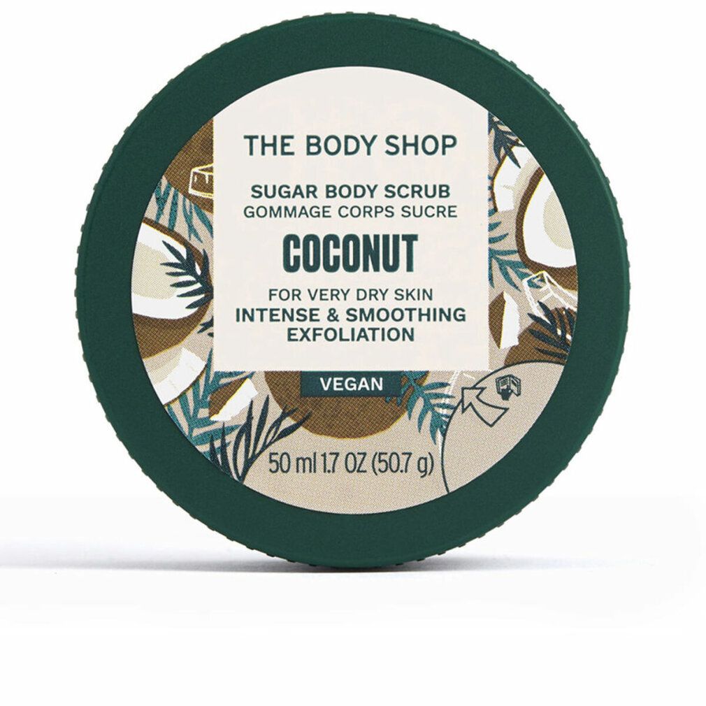 Barattolo rotondo verde. Scritta: THE BODY SHOP, Sugar Body Scrub Coconut. Vegan. 50 ml.