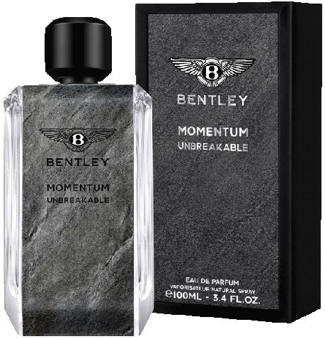 Bentley Momentum Unbreakable EdP Nat. Spray. Flacone e confezione. Tappo nero, effetto pietra grigia, logo Bentley. Testo: Eau de Parfum.