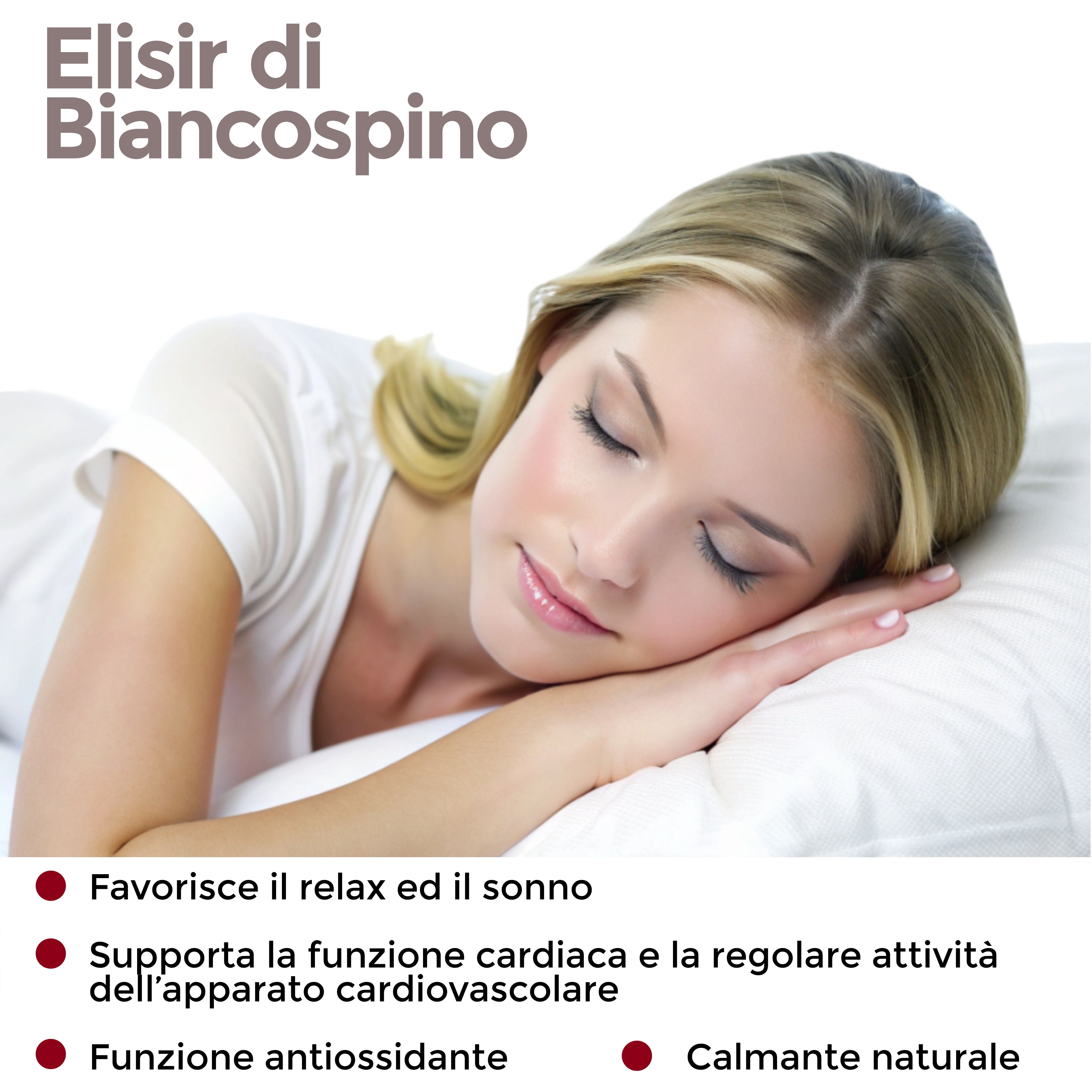 Donna che dorme su un cuscino. Testo: Elixir di Biancospino. Benefici: relax, sonno, funzione cardiaca, antiossidante.