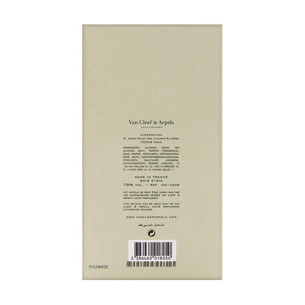 Retro della confezione. Testo con ingredienti, indirizzo e codice a barre. Marchio: Van Cleef & Arpels. Prodotto: Bois D'Iris.
