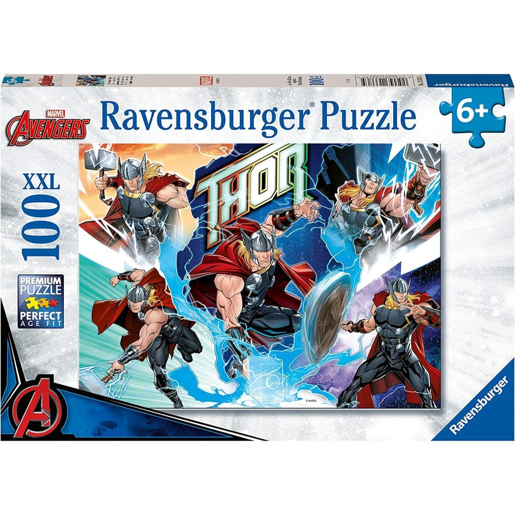 Scatola puzzle Ravensburger. Motivo: Thor. Contiene 100 pezzi. Età 6+. Logo Marvel Avengers.