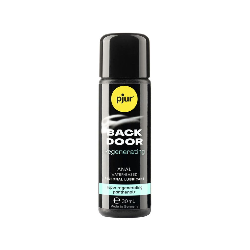 Flacone piccolo con tappo nero. Scritta: pjur, BACK DOOR, Regenerating, ANAL WATER-BASED PERSONAL LUBRICANT, super regenerating panthenol+. 30ml.