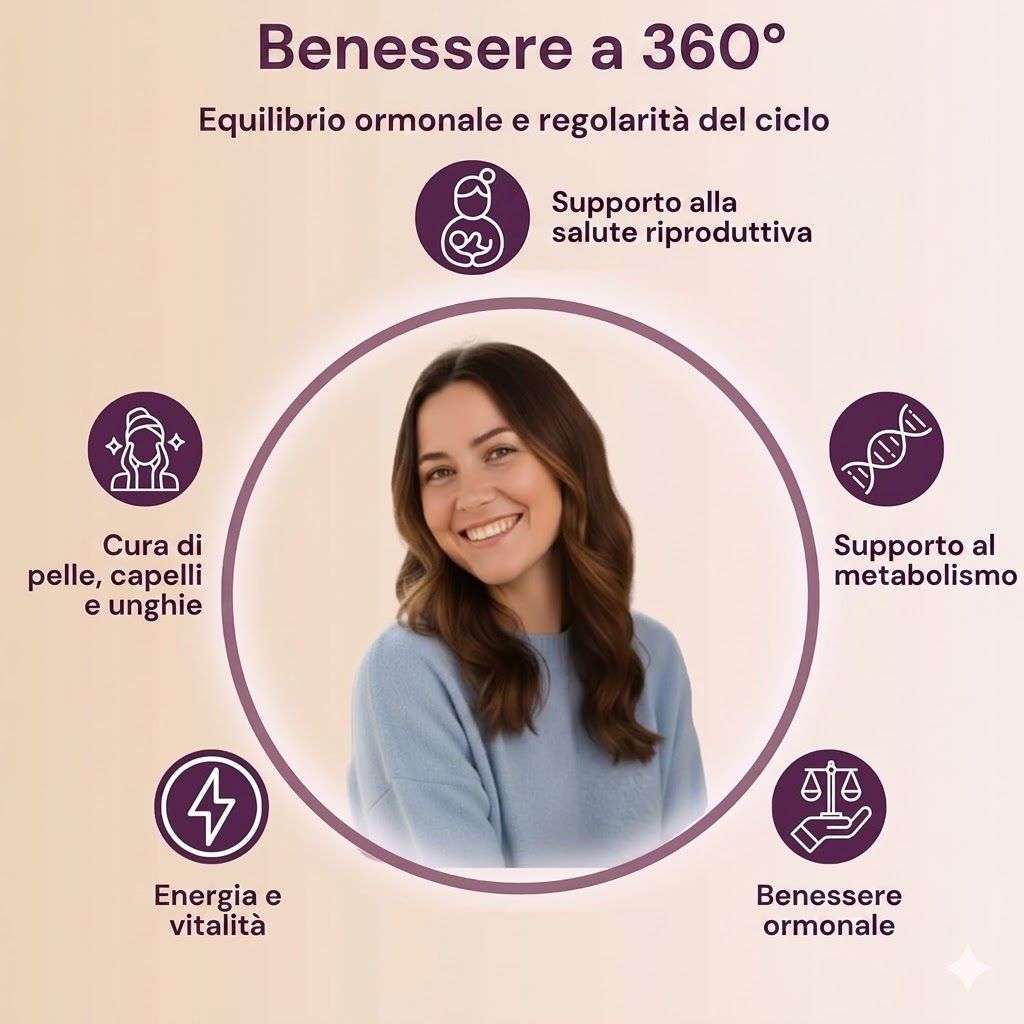 Donna in un cerchio con icone per la cura della pelle, energia, riproduzione e metabolismo.