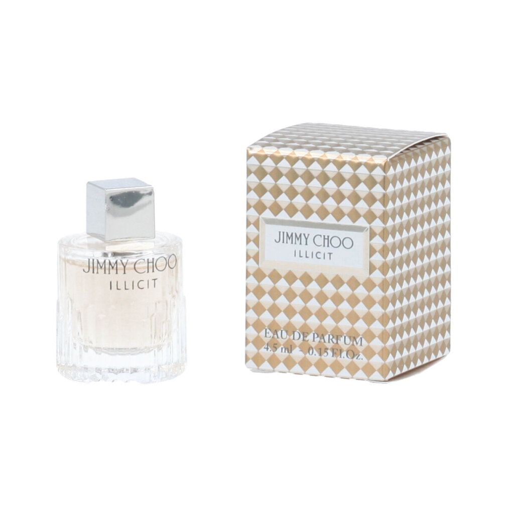 Piccolo flacone di profumo e confezione. Flacone con tappo argentato, confezione con motivo dorato. Scritta: Jimmy Choo Illicit Eau de Parfum.