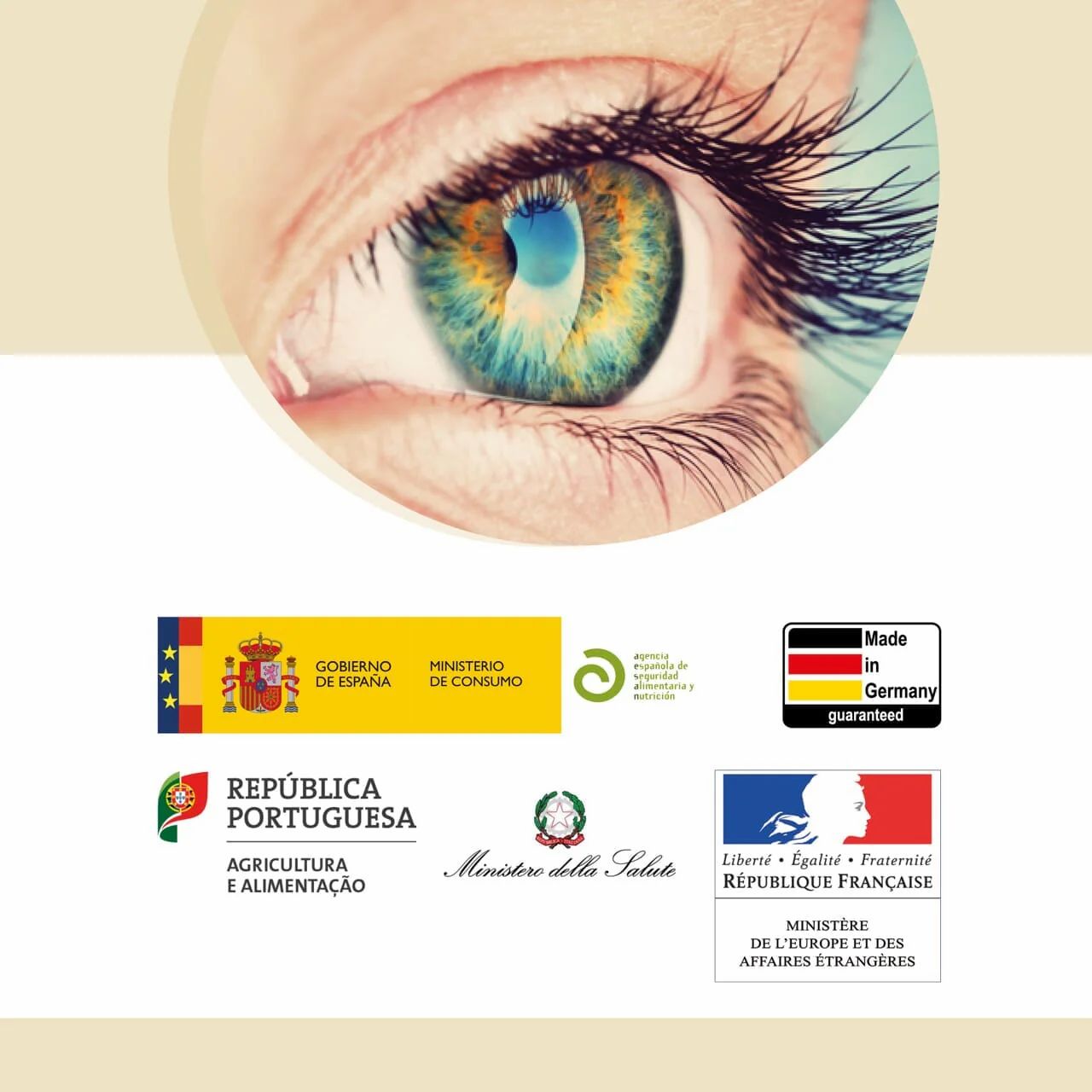 Occhio con loghi. Loghi di ministeri e marchi di qualità.