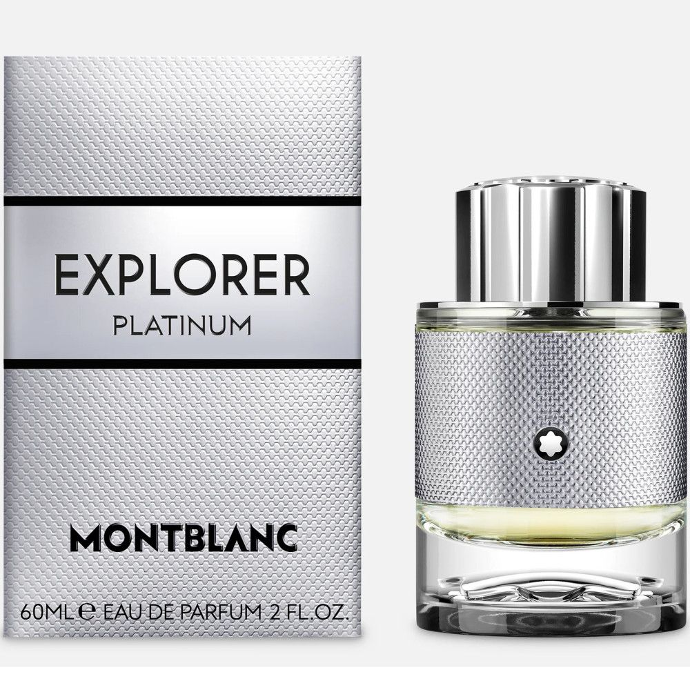 Montblanc Explorer Platinum EdP Nat. Spray. Flacone e confezione. Flacone argentato con logo e confezione argentata.