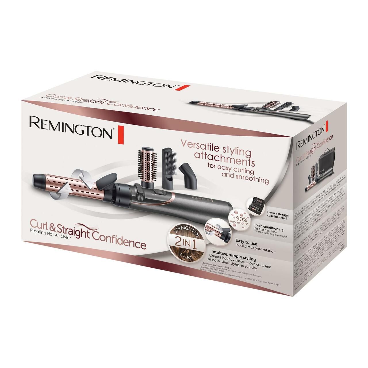 Confezione del prodotto. Styler per capelli con accessori. Testo: Remington, Curl & Straight Confidence, 2 in 1.