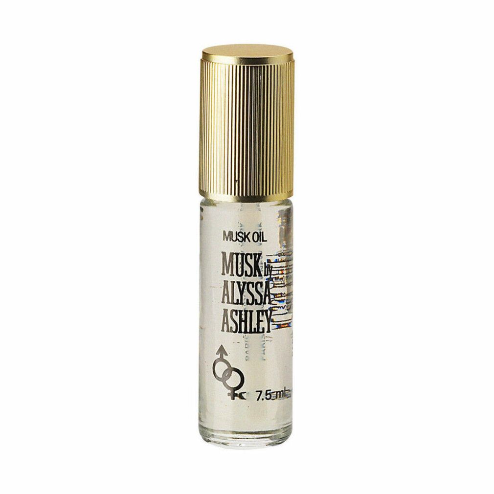 Flacone di olio profumato con tappo dorato. Scritta: Musk by Alyssa Ashley, 7,5 ml. Flacone con logo e simboli.