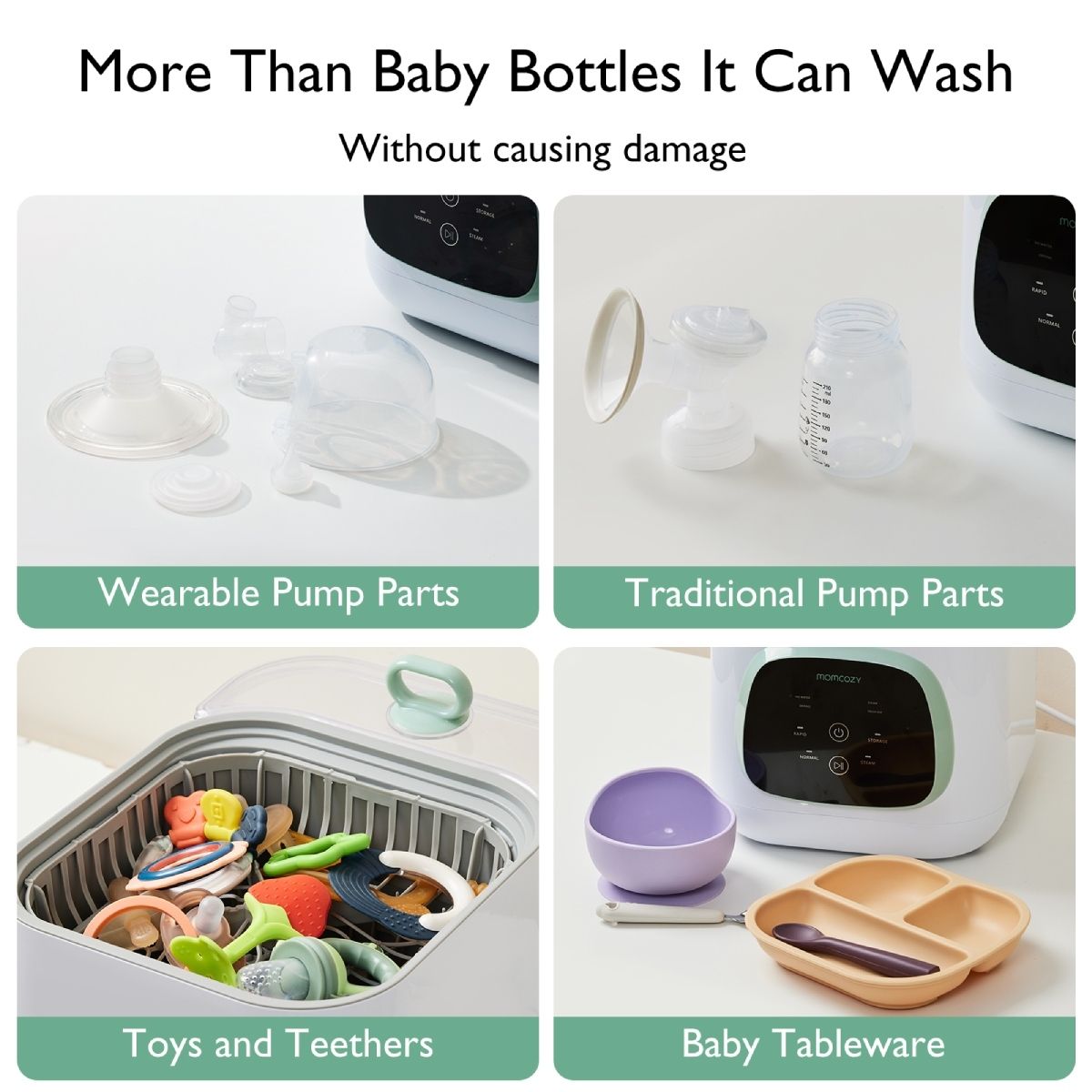 Sterilizzatore per biberon con accessori. Wearable Pump Parts, Traditional Pump Parts, Toys and Teethers, Baby Tableware.