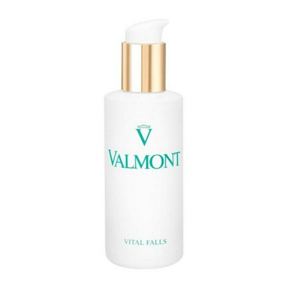 Flacone bianco con logo "Valmont" verde e scritta "Vital Falls". Testina della pompa dorata.