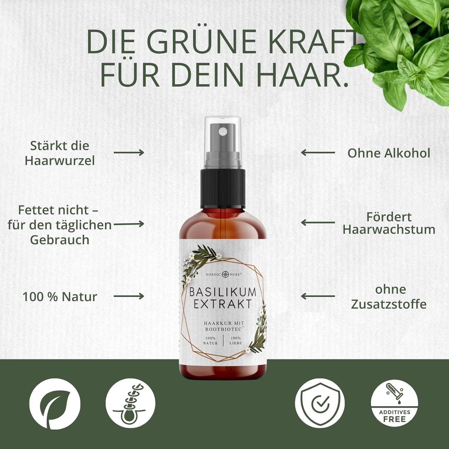Flacone con vaporizzatore. Testo: Il potere verde per i tuoi capelli. Testo: Senza alcol, favorisce la crescita dei capelli.