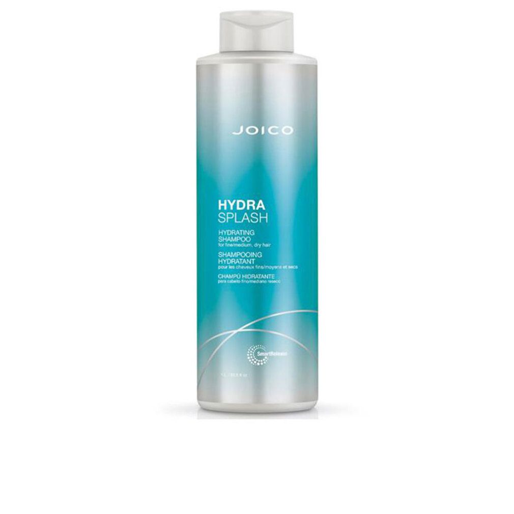 Flacone di shampoo Joico Hydra Splash. Sfumatura blu-argento. Testo: Hydra Splash, Hydrating Shampoo, logo Joico.