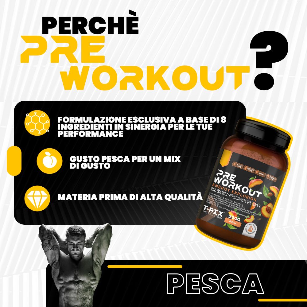 Immagine pubblicitaria con prodotto. Testo: PRE WORKOUT. Immagine del prodotto. Testo: FORMULAZIONE ESCLUSIVA. Gusto: PESCA. Materie prime.