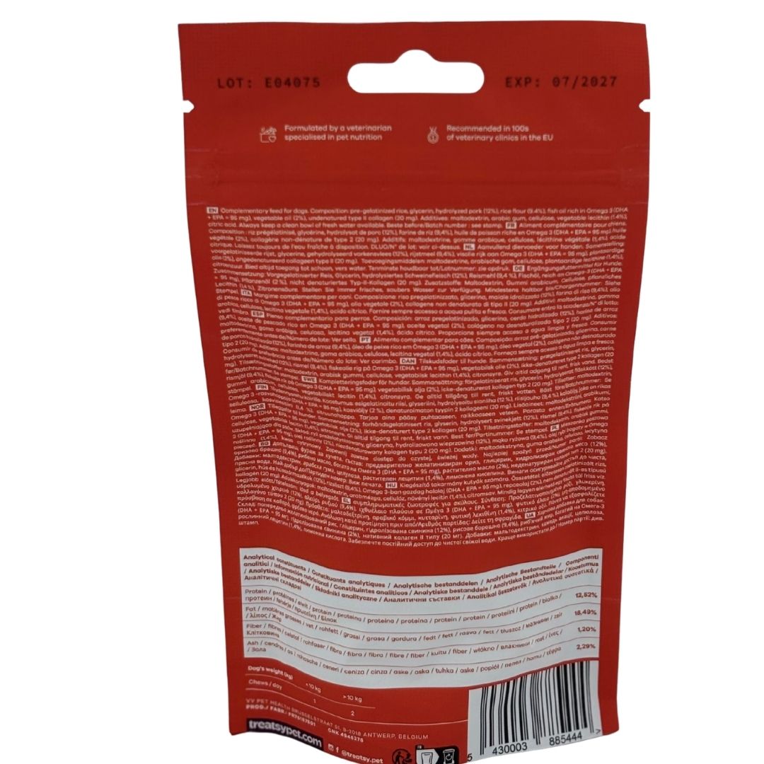Retro di una busta rossa. Testo in piccolo. Informazioni sugli ingredienti e sulla durata.