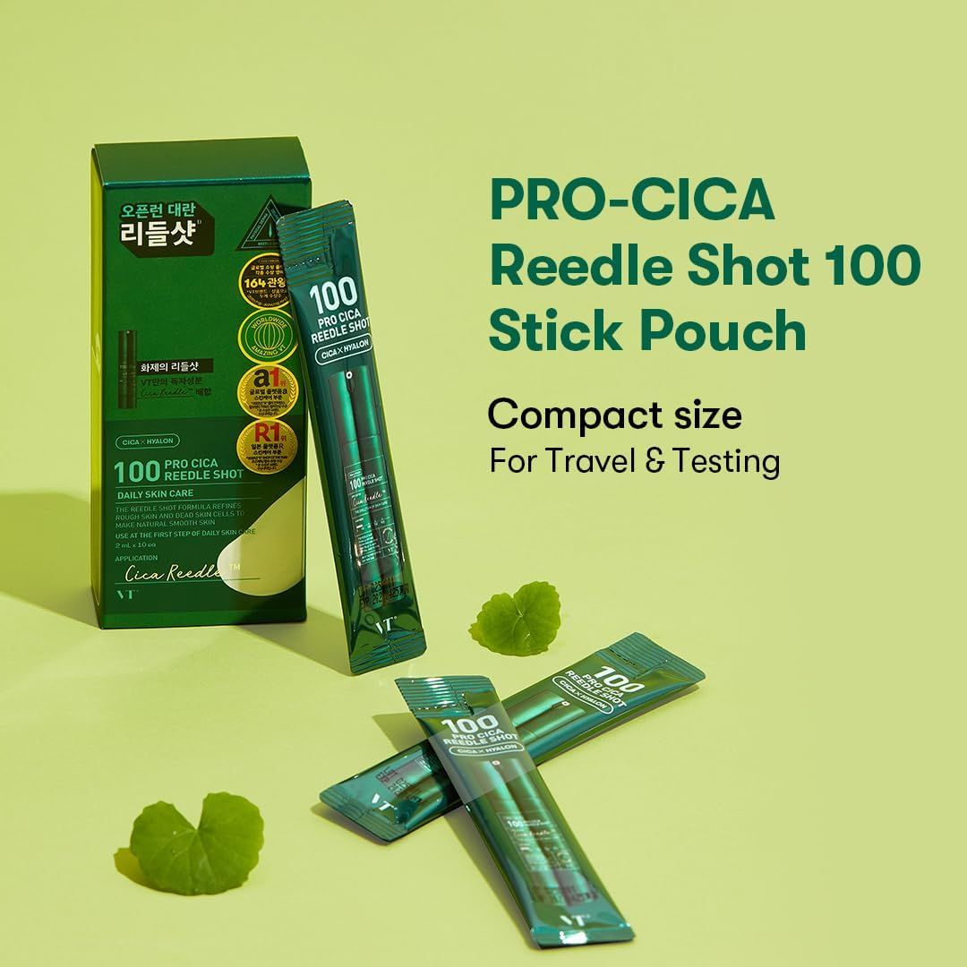 Confezione e confezioni singole. Testo: Pro-Cica Reedle Shot 100. Formato compatto. Per viaggiare.