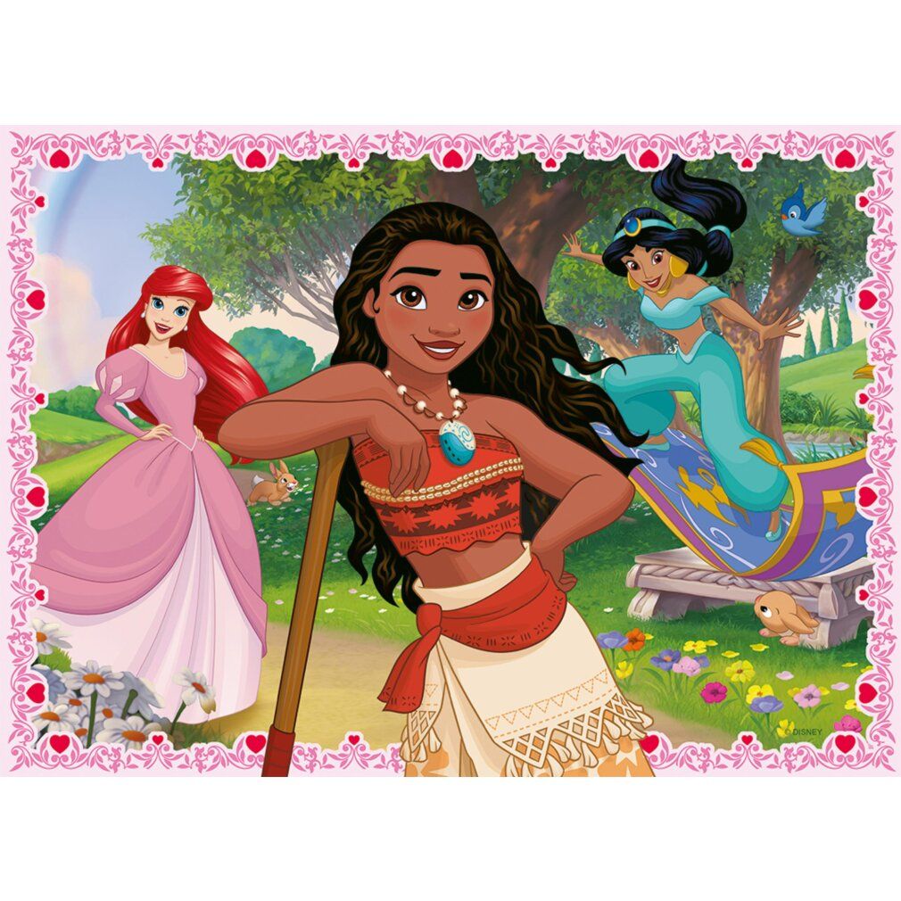 Puzzle con Ariel, Moana e Jasmine. Ariel in abito rosa, Moana con bastone, Jasmine su tappeto volante. Cornice a cuore.
