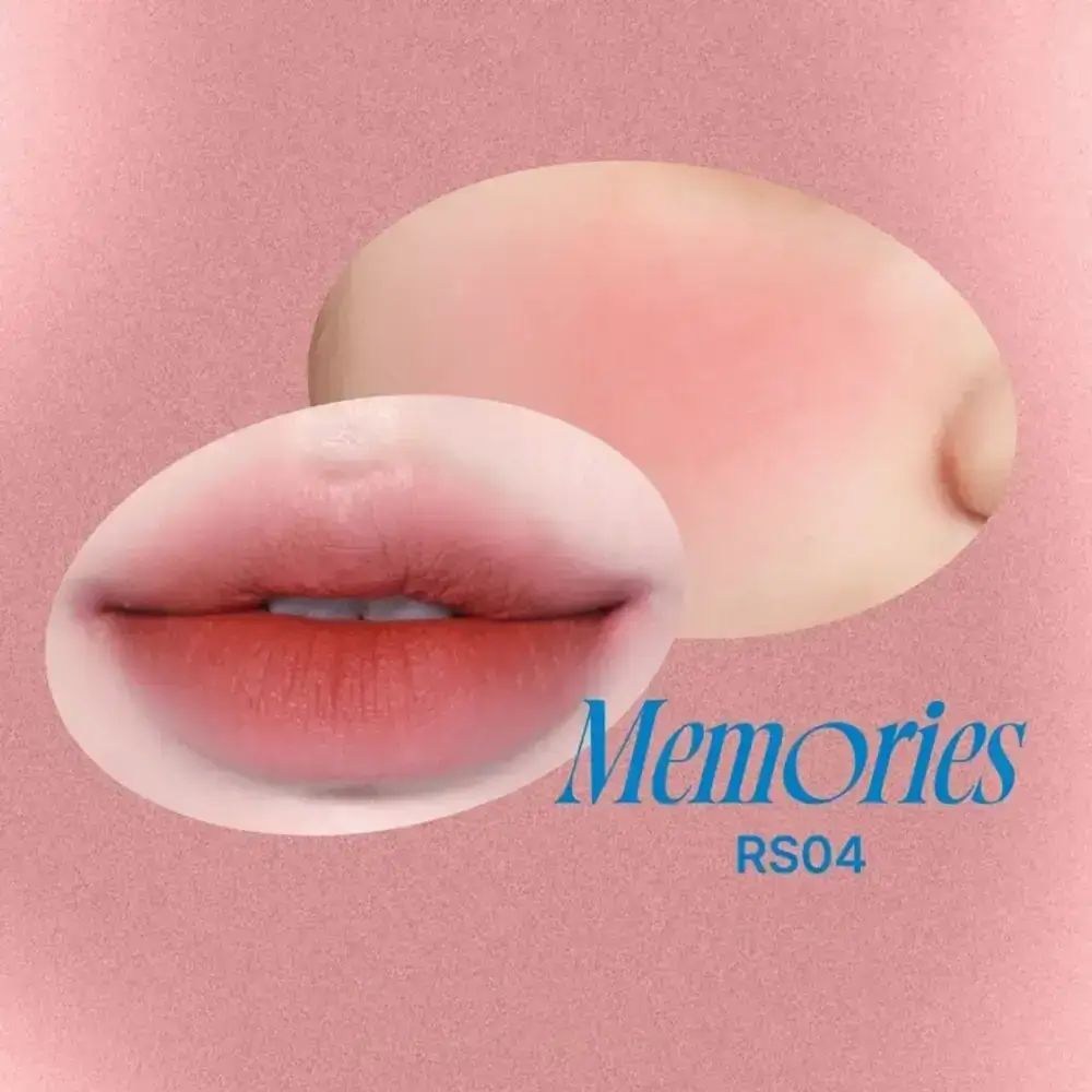 Trucco labbra e guance. Labbra e guance rosa. Testo: Memories RS04.