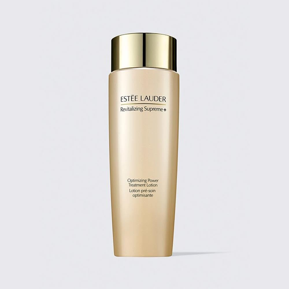 Flacone di lozione beige con tappo dorato. Scritta: Estée Lauder, Revitalizing Supreme+. Testo: Optimizing Power Treatment Lotion.